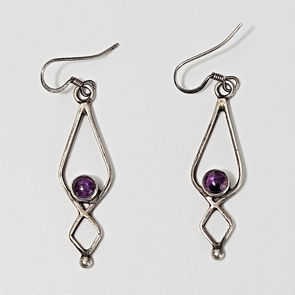 Sterling Silver Purple Stone Earrings Modernist Dangle Drop Geometric